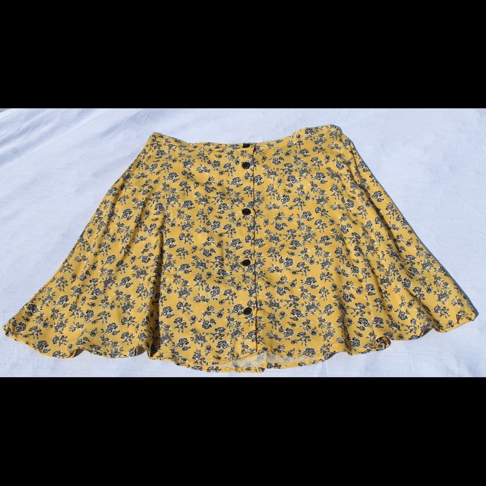 Yellow Floral Black Button Up Skirt